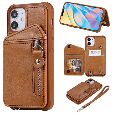 Zipper Double Buckle Shockproof Protective Case with Stand & Photo Holder & Wallet Function For iPhone 12 mini(Brown)-garmade.com