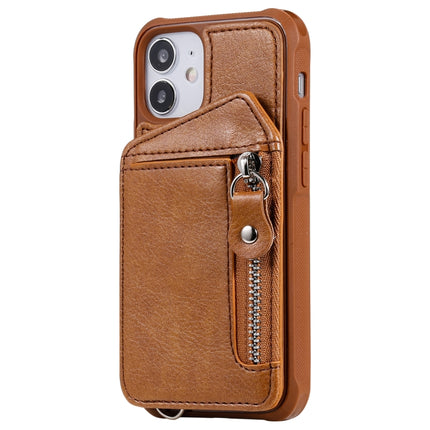 Zipper Double Buckle Shockproof Protective Case with Stand & Photo Holder & Wallet Function For iPhone 12 mini(Brown)-garmade.com