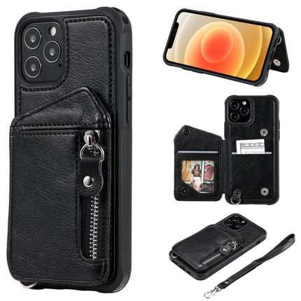 Zipper Double Buckle Shockproof Protective Case with Stand & Photo Holder & Wallet Function For iPhone 12 / 12 Pro(Black)-garmade.com