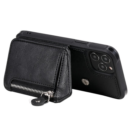 Zipper Double Buckle Shockproof Protective Case with Stand & Photo Holder & Wallet Function For iPhone 12 / 12 Pro(Black)-garmade.com