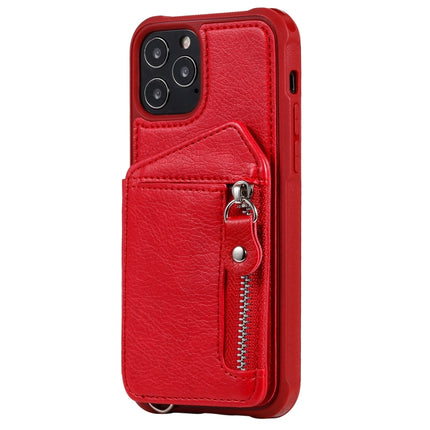 Zipper Double Buckle Shockproof Protective Case with Stand & Photo Holder & Wallet Function For iPhone 12 / 12 Pro(Red)-garmade.com