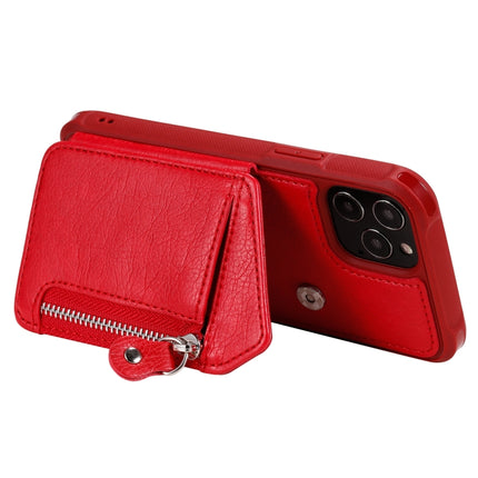 Zipper Double Buckle Shockproof Protective Case with Stand & Photo Holder & Wallet Function For iPhone 12 / 12 Pro(Red)-garmade.com