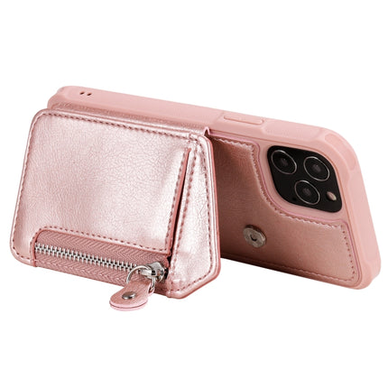 Zipper Double Buckle Shockproof Protective Case with Stand & Photo Holder & Wallet Function For iPhone 12 / 12 Pro(Rose Gold)-garmade.com