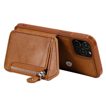Zipper Double Buckle Shockproof Protective Case with Stand & Photo Holder & Wallet Function For iPhone 12 / 12 Pro(Brown)-garmade.com