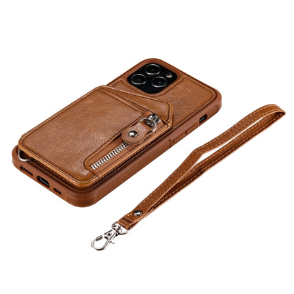 Zipper Double Buckle Shockproof Protective Case with Stand & Photo Holder & Wallet Function For iPhone 12 / 12 Pro(Brown)-garmade.com