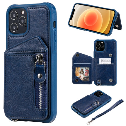 Zipper Double Buckle Shockproof Protective Case with Stand & Photo Holder & Wallet Function For iPhone 12 / 12 Pro(Blue)-garmade.com