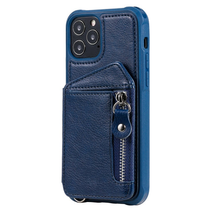 Zipper Double Buckle Shockproof Protective Case with Stand & Photo Holder & Wallet Function For iPhone 12 / 12 Pro(Blue)-garmade.com