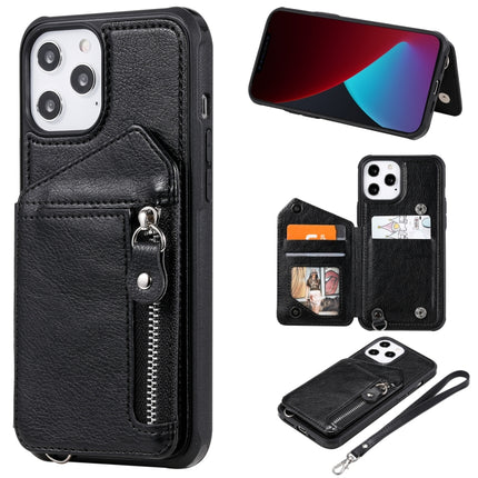 Zipper Double Buckle Shockproof Protective Case with Stand & Photo Holder & Wallet Function For iPhone 12 Pro Max(Black)-garmade.com