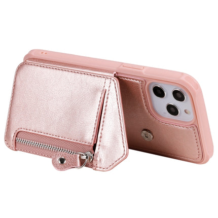 Zipper Double Buckle Shockproof Protective Case with Stand & Photo Holder & Wallet Function For iPhone 12 Pro Max(Rose Gold)-garmade.com