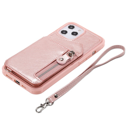 Zipper Double Buckle Shockproof Protective Case with Stand & Photo Holder & Wallet Function For iPhone 12 Pro Max(Rose Gold)-garmade.com