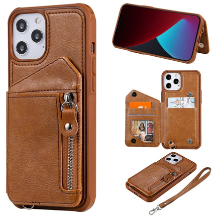 Zipper Double Buckle Shockproof Protective Case with Stand & Photo Holder & Wallet Function For iPhone 12 Pro Max(Brown)-garmade.com