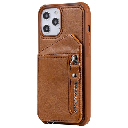 Zipper Double Buckle Shockproof Protective Case with Stand & Photo Holder & Wallet Function For iPhone 12 Pro Max(Brown)-garmade.com