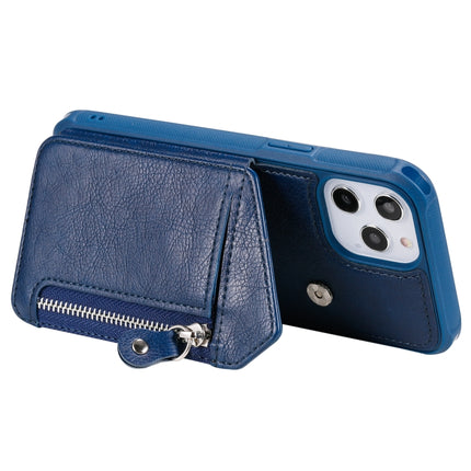 Zipper Double Buckle Shockproof Protective Case with Stand & Photo Holder & Wallet Function For iPhone 12 Pro Max(Blue)-garmade.com