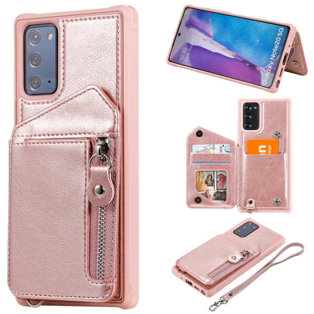 For Samsung Galaxy Note20 Zipper Double Buckle Shockproof Protective Case with Stand & Photo Holder & Wallet Function(Rose Gold)-garmade.com