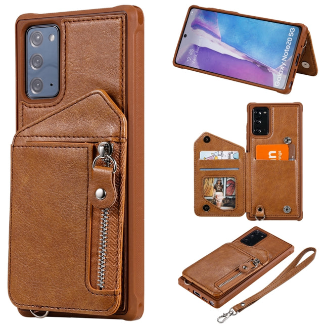 For Samsung Galaxy Note20 Zipper Double Buckle Shockproof Protective Case with Stand & Photo Holder & Wallet Function(Brown)-garmade.com