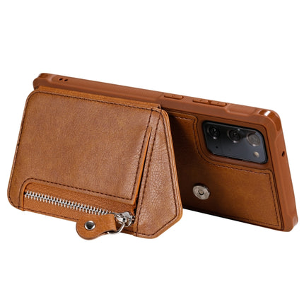 For Samsung Galaxy Note20 Zipper Double Buckle Shockproof Protective Case with Stand & Photo Holder & Wallet Function(Brown)-garmade.com