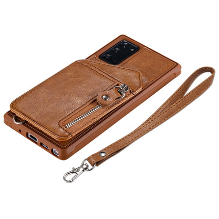 For Samsung Galaxy Note20 Zipper Double Buckle Shockproof Protective Case with Stand & Photo Holder & Wallet Function(Brown)-garmade.com