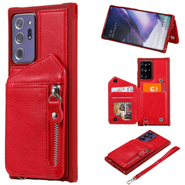 For Samsung Galaxy Note20 Ultra Zipper Double Buckle Shockproof Protective Case with Stand & Photo Holder & Wallet Function(Red)-garmade.com