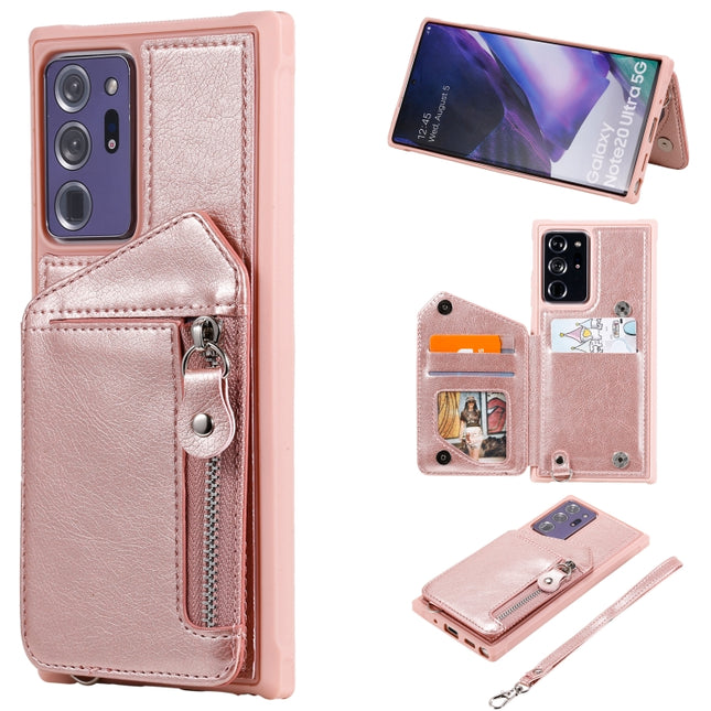 For Samsung Galaxy Note20 Ultra Zipper Double Buckle Shockproof Protective Case with Stand & Photo Holder & Wallet Function(Rose Gold)-garmade.com