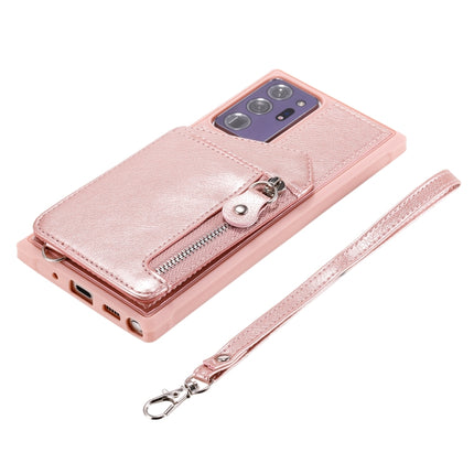For Samsung Galaxy Note20 Ultra Zipper Double Buckle Shockproof Protective Case with Stand & Photo Holder & Wallet Function(Rose Gold)-garmade.com
