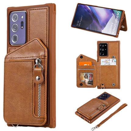 For Samsung Galaxy Note20 Ultra Zipper Double Buckle Shockproof Protective Case with Stand & Photo Holder & Wallet Function(Brown)-garmade.com