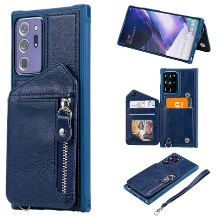 For Samsung Galaxy Note20 Ultra Zipper Double Buckle Shockproof Protective Case with Stand & Photo Holder & Wallet Function(Blue)-garmade.com