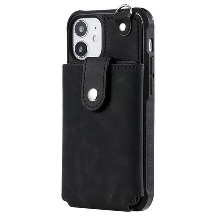 Shockproof Protective Case with Mirror & Card Slot & Short Lanyard For iPhone 12 mini(Black)-garmade.com