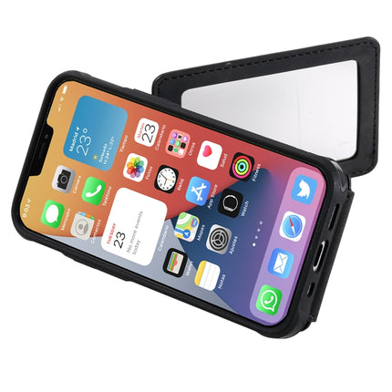 Shockproof Protective Case with Mirror & Card Slot & Short Lanyard For iPhone 12 mini(Black)-garmade.com