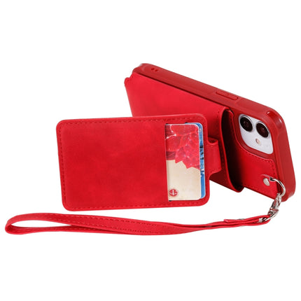 Shockproof Protective Case with Mirror & Card Slot & Short Lanyard For iPhone 12 mini(Red)-garmade.com