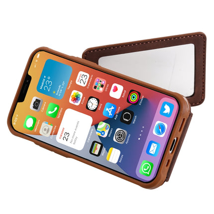 Shockproof Protective Case with Mirror & Card Slot & Short Lanyard For iPhone 12 mini(Coffee)-garmade.com