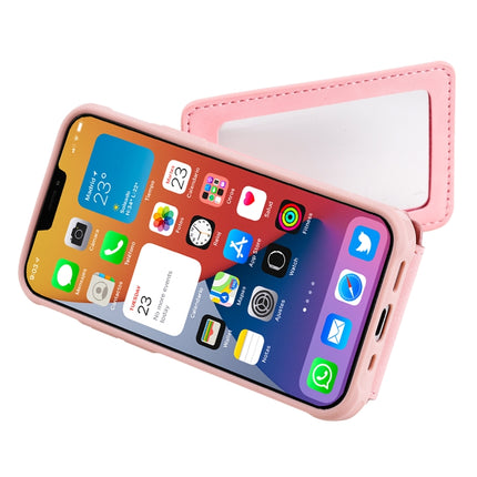 Shockproof Protective Case with Mirror & Card Slot & Short Lanyard For iPhone 12 mini(Pink)-garmade.com