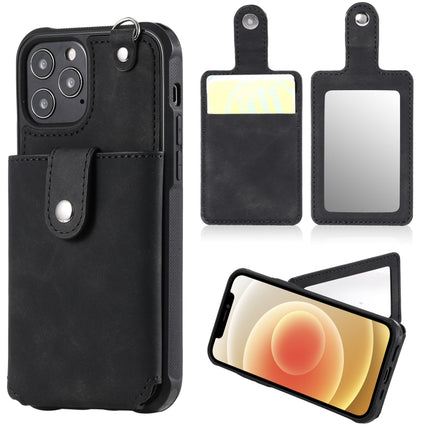 Shockproof Protective Case with Mirror & Card Slot & Short Lanyard For iPhone 12 / 12 Pro(Black)-garmade.com