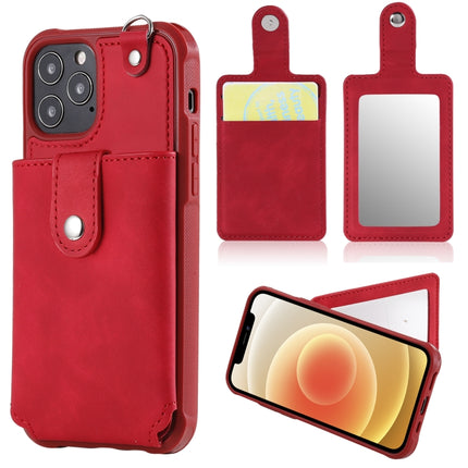 Shockproof Protective Case with Mirror & Card Slot & Short Lanyard For iPhone 12 / 12 Pro(Red)-garmade.com