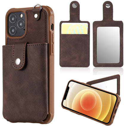 Shockproof Protective Case with Mirror & Card Slot & Short Lanyard For iPhone 12 / 12 Pro(Coffee)-garmade.com