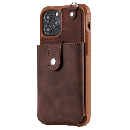Shockproof Protective Case with Mirror & Card Slot & Short Lanyard For iPhone 12 / 12 Pro(Coffee)-garmade.com
