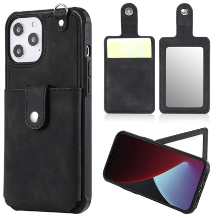Shockproof Protective Case with Mirror & Card Slot & Short Lanyard For iPhone 12 Pro Max(Black)-garmade.com