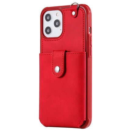 Shockproof Protective Case with Mirror & Card Slot & Short Lanyard For iPhone 12 Pro Max(Red)-garmade.com