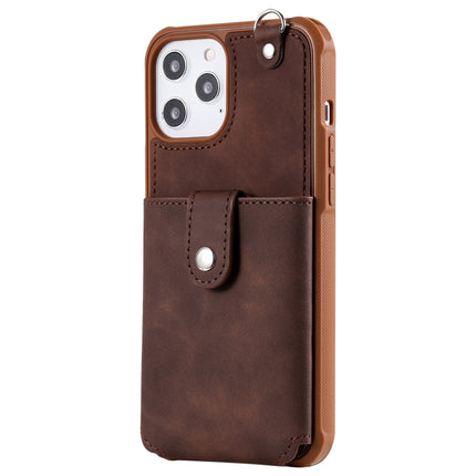 Shockproof Protective Case with Mirror & Card Slot & Short Lanyard For iPhone 12 Pro Max(Coffee)-garmade.com