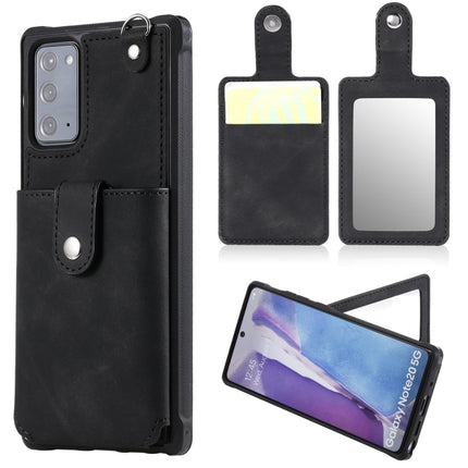 For Samsung Galaxy Note20 Shockproof Protective Case with Mirror & Card Slot & Short Lanyard(Black)-garmade.com