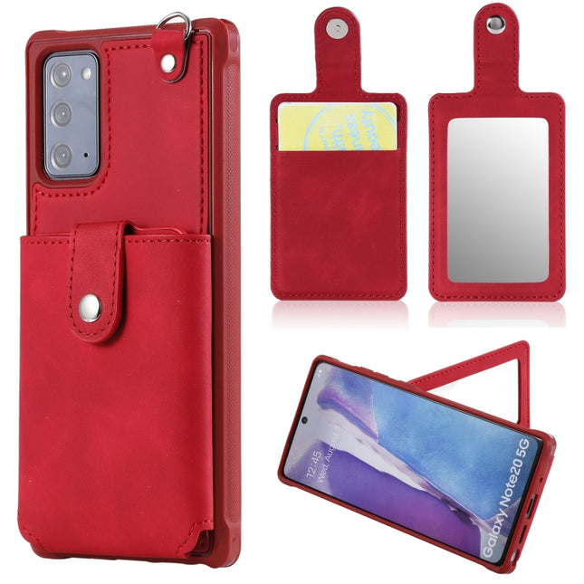 For Samsung Galaxy Note20 Shockproof Protective Case with Mirror & Card Slot & Short Lanyard(Red)-garmade.com