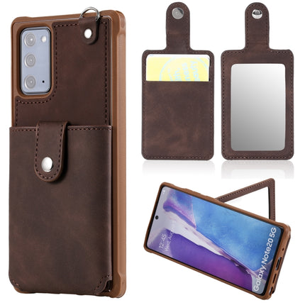 For Samsung Galaxy Note20 Shockproof Protective Case with Mirror & Card Slot & Short Lanyard(Coffee)-garmade.com