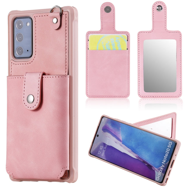 For Samsung Galaxy Note20 Shockproof Protective Case with Mirror & Card Slot & Short Lanyard(Pink)-garmade.com