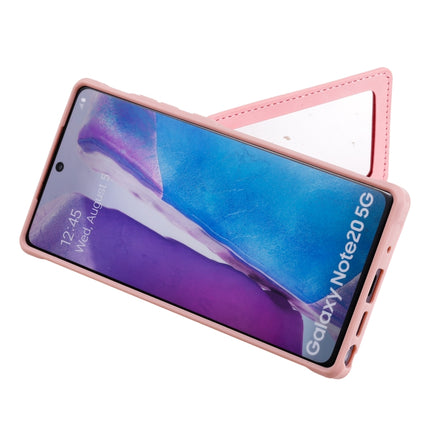 For Samsung Galaxy Note20 Shockproof Protective Case with Mirror & Card Slot & Short Lanyard(Pink)-garmade.com