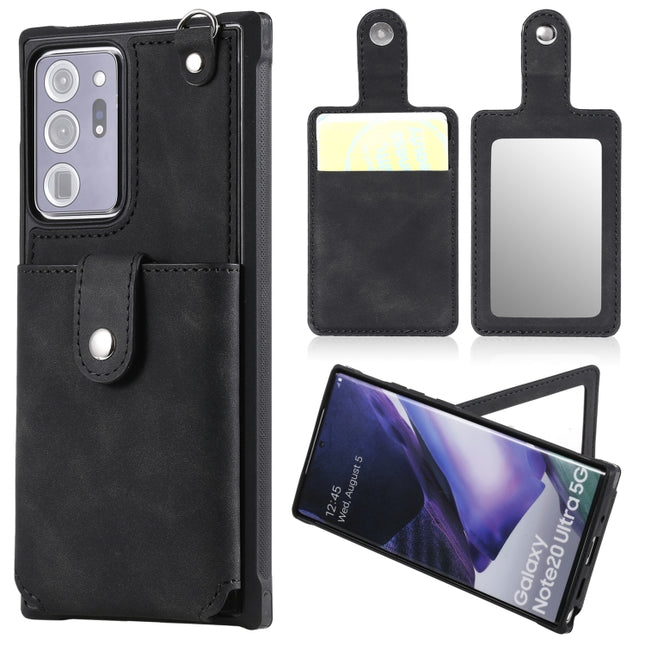 For Samsung Galaxy Note20 Ultra Shockproof Protective Case with Mirror & Card Slot & Short Lanyard(Black)-garmade.com