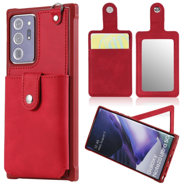For Samsung Galaxy Note20 Ultra Shockproof Protective Case with Mirror & Card Slot & Short Lanyard(Red)-garmade.com