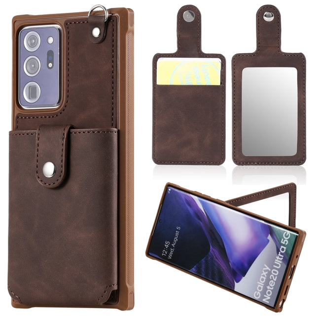 For Samsung Galaxy Note20 Ultra Shockproof Protective Case with Mirror & Card Slot & Short Lanyard(Coffee)-garmade.com