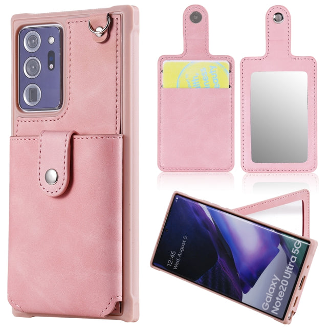 For Samsung Galaxy Note20 Ultra Shockproof Protective Case with Mirror & Card Slot & Short Lanyard(Pink)-garmade.com
