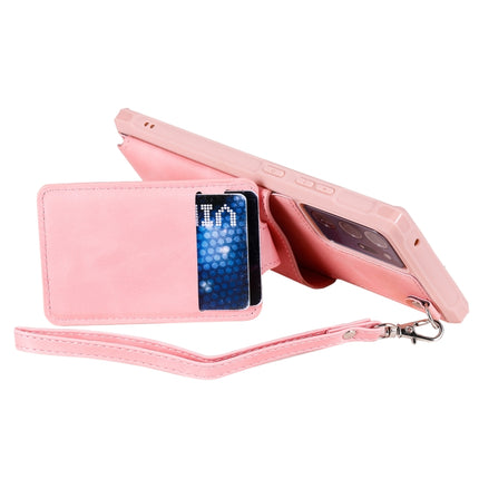 For Samsung Galaxy Note20 Ultra Shockproof Protective Case with Mirror & Card Slot & Short Lanyard(Pink)-garmade.com