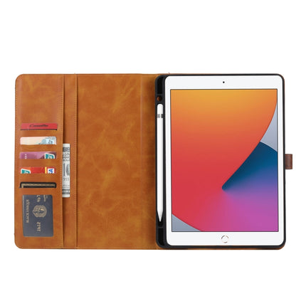 For iPad 10.2 Calf Texture Double Fold Clasp Horizontal Flip Leather Case with Photo Frame & Holder & Card Slots & Wallet(Coffee)-garmade.com