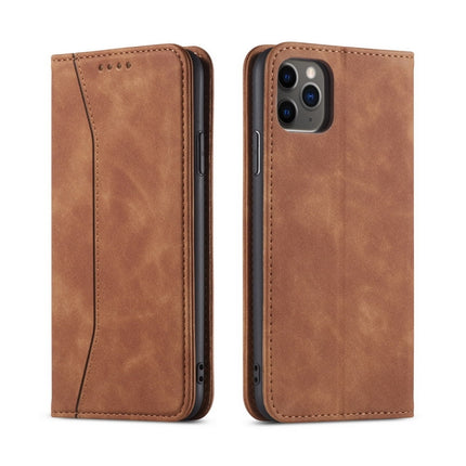 Skin-feel Calfskin Texture Magnetic Dual-Fold Horizontal Flip Leather Case with Holder & Card Slots & Wallet For iPhone 11(Brown)-garmade.com